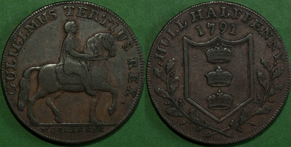 Image of a 1791 Hull halfpenny token. Dalton and Hamer 17.