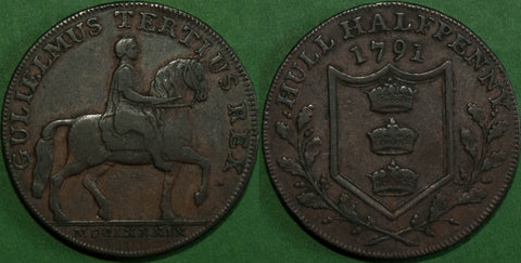 Image of a 1791 Hull halfpenny token. Dalton and Hamer 17.