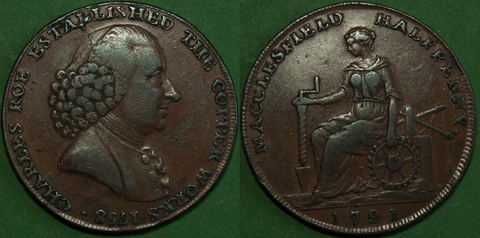Image of a 1791 Macclesfield halfpenny token. Dalton and Hamer 36.