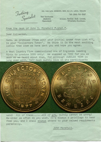 Image of a 1977 medallion with a letter  from the Farthing Specialist 