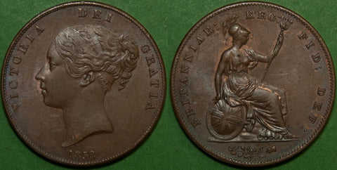 1858 Penny, ww on truncation