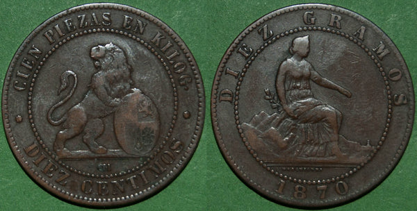 Spain 1870OM Ten Centimos