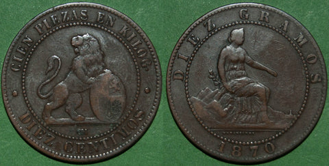 Spain 1870OM Ten Centimos