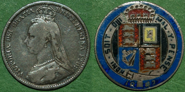 Image of an enamelled 1887 sixpence coin