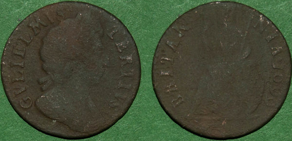 Image of a 1699 farthing coin with the date in the legend.