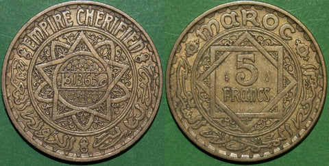 Morocco AH 1365 Five Francs