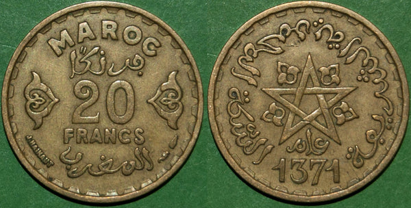Morocco AH 1371 Twenty Francs