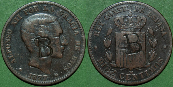 Spain 1877 Ten Centimos Countermarked 'B'
