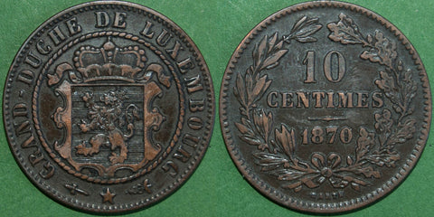 Luxembourg 1870 Ten Centimes, no rev. dot