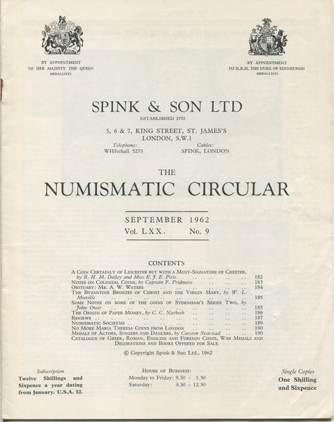 Spink Numismatic Circular September 1962