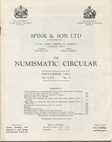 Spink Numismatic Circular September 1962