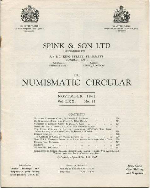 Spink Numismatic Circular November 1962