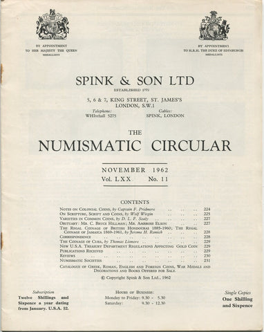 Spink Numismatic Circular November 1962