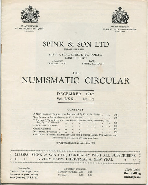 Spink Numismatic Circular December 1962
