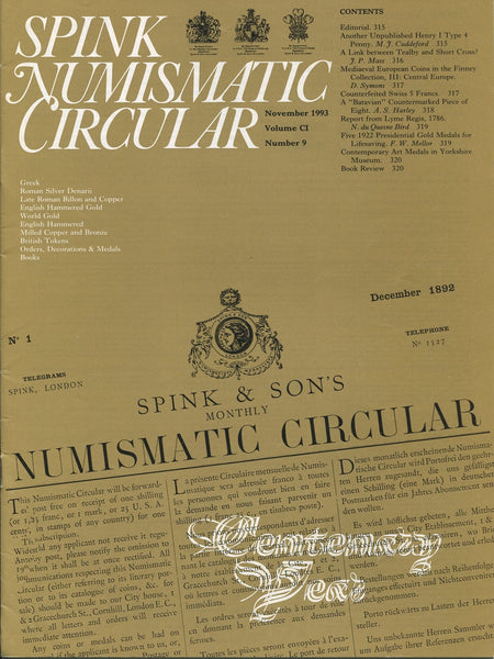 Cover image of Spink Numismatic Circular catalogue for November 1993